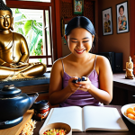 ** A person happily creating content (writing, taking photos, or filming a video) in a cozy, inspiring home setting in Thailand, surrounded by familiar Thai objects (e.g., Thai snacks, a Buddha statue, local crafts). The image should convey a sense of joy, creativity, and inspiration from everyday life.

**