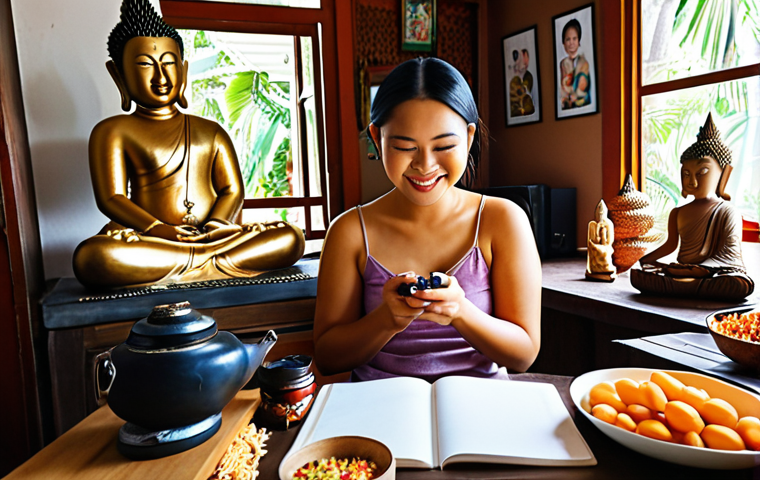 ** A person happily creating content (writing, taking photos, or filming a video) in a cozy, inspiring home setting in Thailand, surrounded by familiar Thai objects (e.g., Thai snacks, a Buddha statue, local crafts). The image should convey a sense of joy, creativity, and inspiration from everyday life.

**